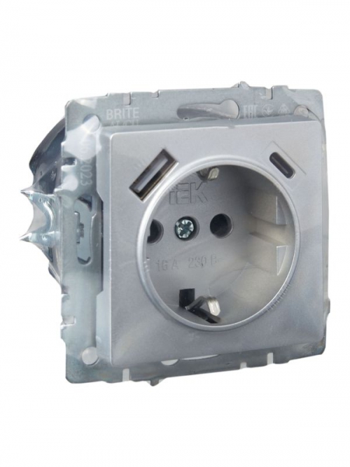 Розетка BRITE РЮш11-1-БрА 16А с USB A+C 18Вт с заземл. защ. шторки алюм. IEK BR-R14-16-U22-018-K47 BR-R14-16-U22-018-K47