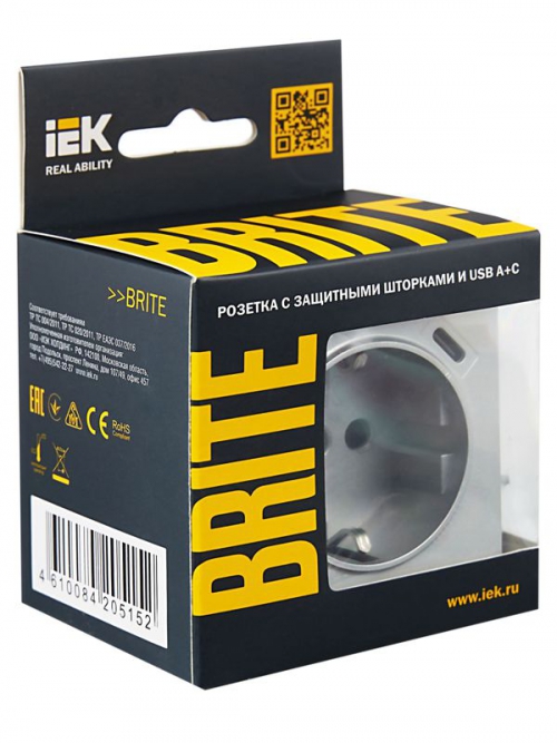 Розетка BRITE РЮш11-1-БрА 16А с USB A+C 18Вт с заземл. защ. шторки алюм. IEK BR-R14-16-U22-018-K47 BR-R14-16-U22-018-K47