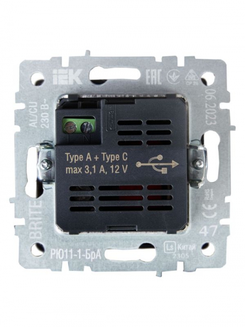 Розетка BRITE USB A+C 18Вт РЮ11-1-БрА алюм. IEK BR-U22-018-K47 BR-U22-018-K47