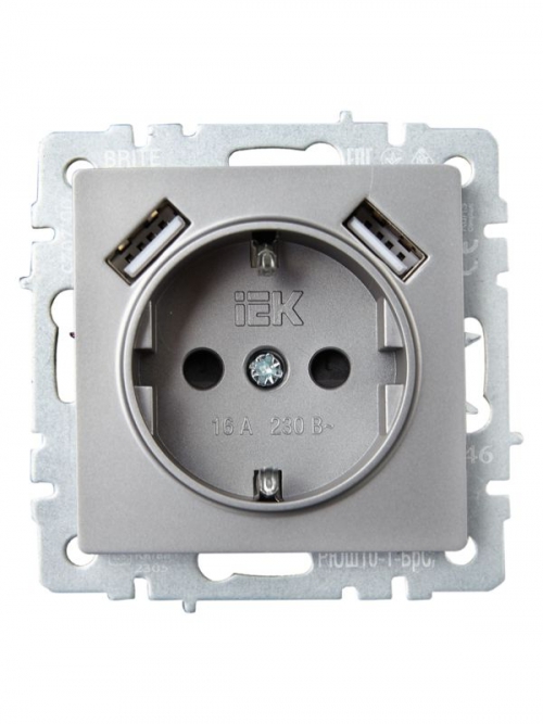 Розетка BRITE РЮш10-1-БрС 16А с USB A+A 2.1А с заземл. защ. шторки сталь IEK BR-R14-16-U21-D21-K46 BR-R14-16-U21-D21-K46