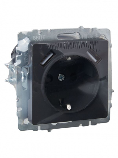 Розетка BRITE РЮш10-1-БрГ 16А с USB A+A 2.1А с заземл. защ. шторки графит IEK BR-R14-16-U21-D21-K53 BR-R14-16-U21-D21-K53