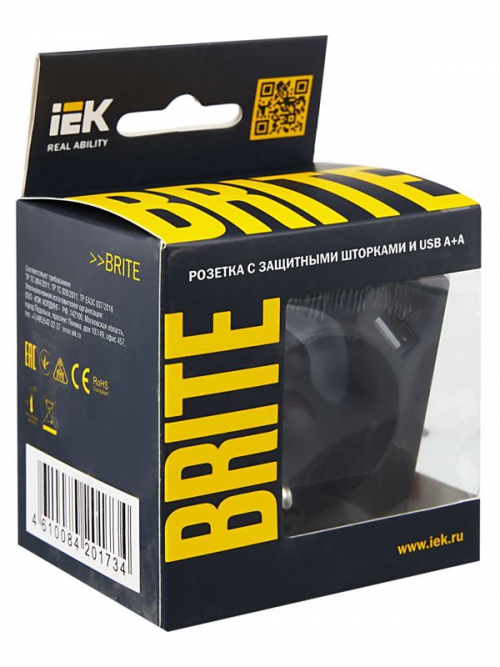 Розетка BRITE РЮш10-1-БрГ 16А с USB A+A 2.1А с заземл. защ. шторки графит IEK BR-R14-16-U21-D21-K53 BR-R14-16-U21-D21-K53