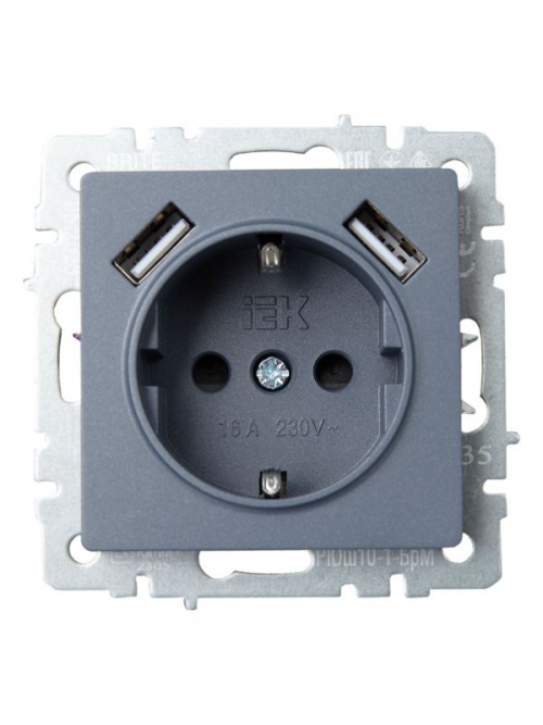 Розетка BRITE РЮш10-1-БрМ 16А с USB A+A 2.1А с заземл. защ. шторки маренго IEK BR-R14-16-U21-D21-K35 BR-R14-16-U21-D21-K35