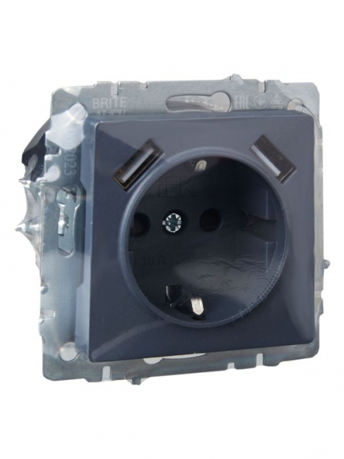 Розетка BRITE РЮш10-1-БрМ 16А с USB A+A 2.1А с заземл. защ. шторки маренго IEK BR-R14-16-U21-D21-K35 BR-R14-16-U21-D21-K35