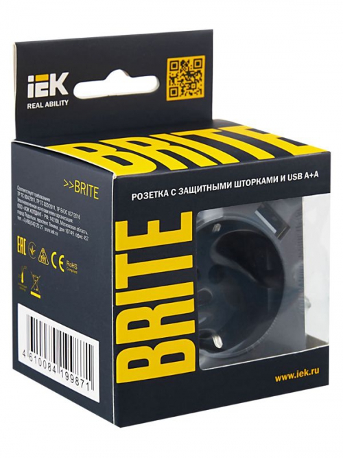 Розетка BRITE РЮш10-1-БрМ 16А с USB A+A 2.1А с заземл. защ. шторки маренго IEK BR-R14-16-U21-D21-K35 BR-R14-16-U21-D21-K35