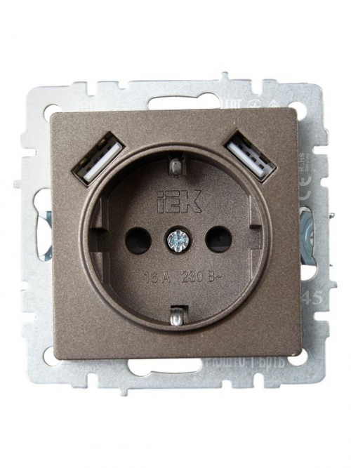 Розетка BRITE РЮш10-1-БрТБ 16А с USB A+A 2.1А с заземл. защ. шторки темн. бронза IEK BR-R14-16-U21-D21-K45 BR-R14-16-U21-D21-K45