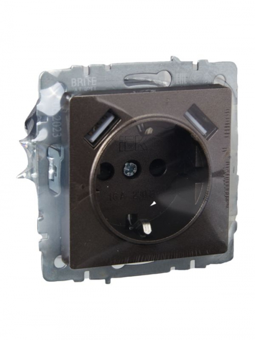 Розетка BRITE РЮш10-1-БрТБ 16А с USB A+A 2.1А с заземл. защ. шторки темн. бронза IEK BR-R14-16-U21-D21-K45 BR-R14-16-U21-D21-K45
