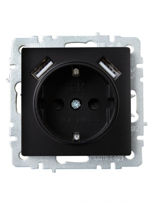 Розетка BRITE РЮш10-1-БрЧ 16А с USB A+A 2.1А с заземл. защ. шторки черн. IEK BR-R14-16-U21-D21-K02 BR-R14-16-U21-D21-K02