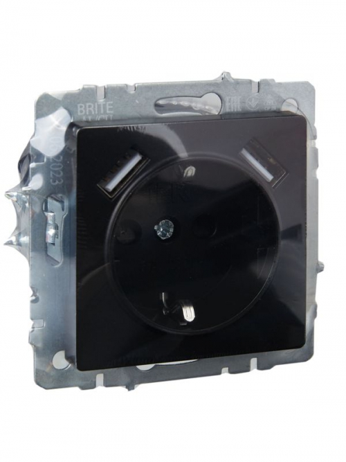 Розетка BRITE РЮш10-1-БрЧ 16А с USB A+A 2.1А с заземл. защ. шторки черн. IEK BR-R14-16-U21-D21-K02 BR-R14-16-U21-D21-K02
