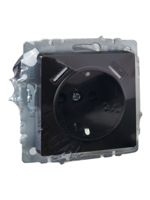 Розетка BRITE РЮш10-2-БрЧ 16А с USB A+A 3.1А с заземл. защ. шторки черн. IEK BR-R14-16-U21-D31-K02 BR-R14-16-U21-D31-K02