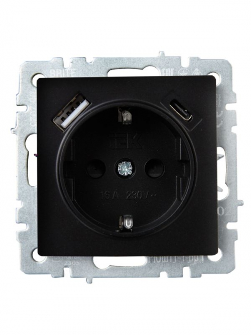 Розетка BRITE РЮш11-1-БрЧ 16А с USB A+C 18Вт с заземл. защ. шторки черн. IEK BR-R14-16-U22-018-K02 BR-R14-16-U22-018-K02