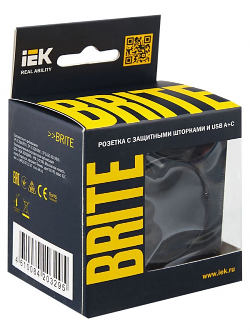 Розетка BRITE РЮш11-1-БрЧ 16А с USB A+C 18Вт с заземл. защ. шторки черн. IEK BR-R14-16-U22-018-K02 BR-R14-16-U22-018-K02