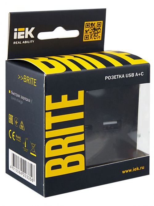 Розетка BRITE USB A+C 18Вт РЮ11-1-БрЧ черн. IEK BR-U22-018-K02 BR-U22-018-K02
