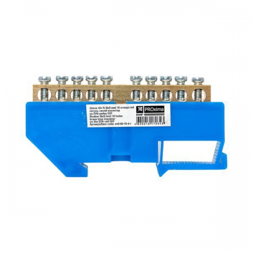 Шина нулевая N 6х9 10 отверстий синий изолятор на DIN-рейку латунь розн. стикер PROxima EKF sn0-63-10-d-r sn0-63-10-d-r
