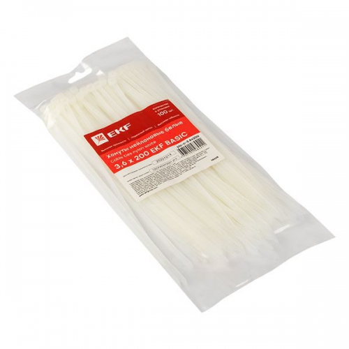 Хомут кабельный 3.6х200 нейл. бел. (уп.100шт) EKF plc-c-3.6x200 plc-c-3.6x200