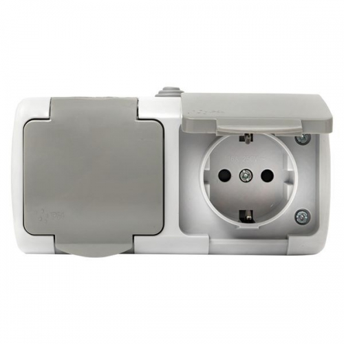 Розетка 2-м ОП Мурманск 16А IP54 с заземл. защ. шторки с крышкой сер. EKF EFR16-129-30-54 EFR16-129-30-54