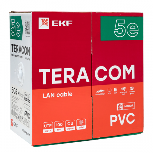 Кабель витая пара U/UTP кат.5e 4 пары solid оболочка PVC сер. TERACOM EKF TRC-5EUTP-04PVC-GY-IN3 TRC-5EUTP-04PVC-GY-IN3