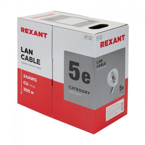 Кабель витая пара U/UTP кат.5e 4х2х24AWG solid CU PVC сер. 305м (м) Rexant 01-0043 01-0043