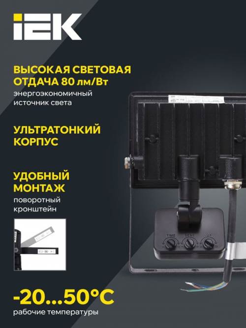 Прожектор светодиодный СДО 06-30Д 6500К IP54 с ДД черн. IEK LPDO602-30-65-K02 LPDO602-30-65-K02