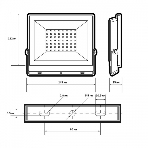 Прожектор светодиодный СДО-20 50Вт 6500К IP65 230В BL ДО прозр. закален. стекло ФАZА 5047303 5047303
