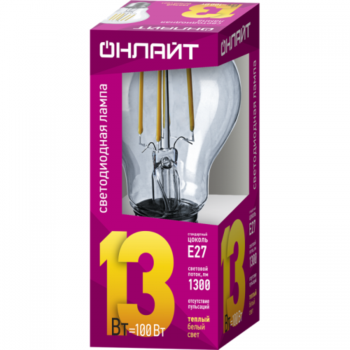 Лампа светодиодная филаментная 80 876 OLL-F-A60-13-230-2.7K-E27 13Вт грушевидная прозрачная 2700К тепл. бел. E27 1300лм 220-240В ОНЛАЙТ 80876 80876