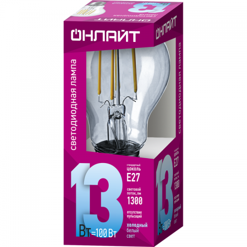 Лампа светодиодная филаментная 80 877 OLL-F-A60-13-230-4K-E27 13Вт грушевидная прозрачная 4000К нейтр. бел. E27 1300лм 220-240В ОНЛАЙТ 80877 80877