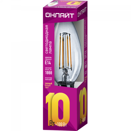 Лампа светодиодная филаментная 80 894 OLL-F-C35-10-230-2.7K-E14 10Вт свеча прозрачная 2700К тепл. бел. E14 1000лм 220-240В ОНЛАЙТ 80894 80894