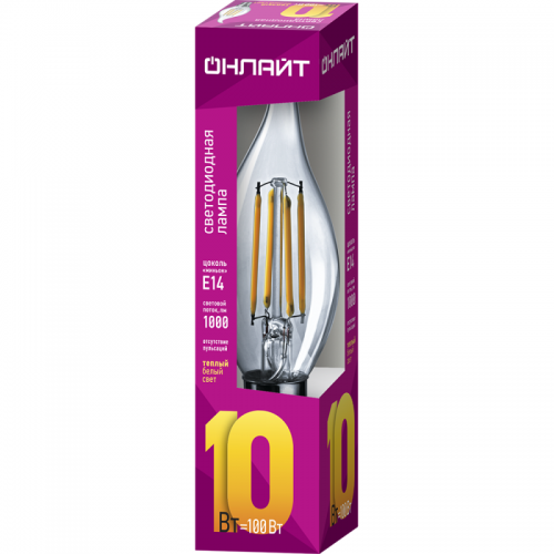 Лампа светодиодная филаментная 80 898 OLL-F-FC35-10-230-2.7K-E14 10Вт свеча на ветру прозрачная 2700К тепл. бел. E14 1000лм 220-240В ОНЛАЙТ 80898 80898