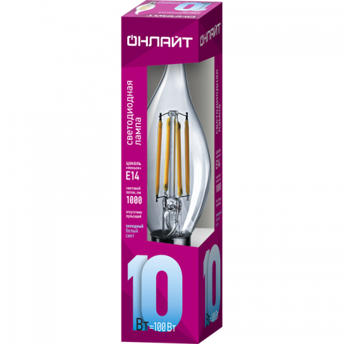 Лампа светодиодная филаментная 80 899 OLL-F-FC35-10-230-4K-E14 10Вт свеча на ветру прозрачная 4000К нейтр. бел. E14 1000лм 220-240В ОНЛАЙТ 80899 80899