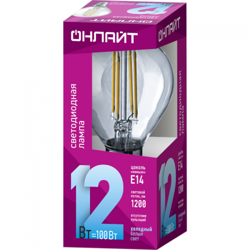 Лампа светодиодная филаментная 80 891 OLL-F-G45-12-230-4K-E14 12Вт шар прозрачная 4000К нейтр. бел. E14 1200лм 220-240В ОНЛАЙТ 80891 80891