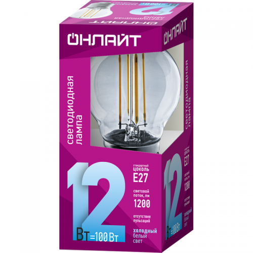 Лампа светодиодная филаментная 80 885 OLL-F-G45-12-230-4K-E27 12Вт шар прозрачная 4000К нейтр. бел. E27 1200лм 220-240В ОНЛАЙТ 80885 80885
