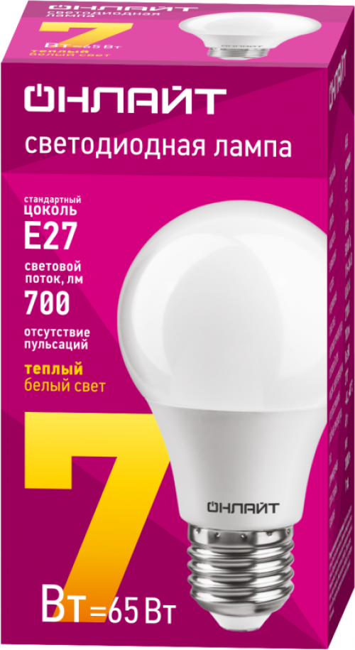Лампа светодиодная 71 647 OLL-A60-7-230-2.7K-E27 7Вт грушевидная 2700К тепл. бел. E27 525лм 176-264В ОНЛАЙТ 71647 71647