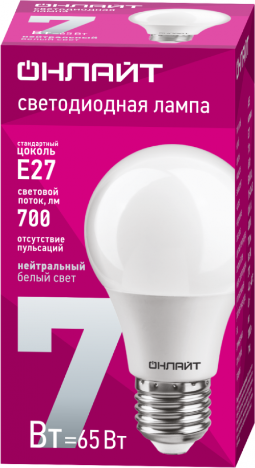 Лампа светодиодная 71 648 OLL-A60-7-230-4K-E27 7Вт грушевидная 4000К нейтр. бел. E27 610лм 176-264В ОНЛАЙТ 71648 71648