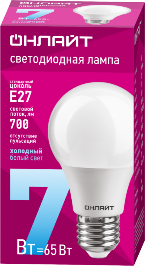 Лампа светодиодная 61 139 OLL-A60-7-230-6.5K-E27 грушевидная 7Вт ОНЛАЙТ 61139 61139