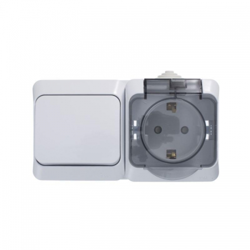 Блок ОП Этюд (розетка 16А 250В евростандарт с заземл. защ. шторки + 1-кл. выкл.) IP44 бел. SE BPA16-241B BPA16-241B
