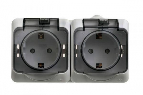 Розетка 2-м ОП Этюд 16А IP44 250В с заземл. защ. шторки с крышкой сер. SE PA16-244C PA16-244C