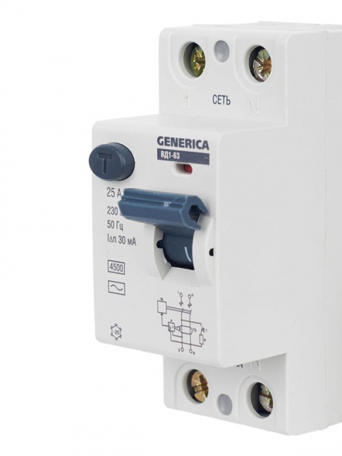 Выключатель дифференциального тока (УЗО) 2п 25А 30мА тип AC ВД1-63 GENERICA MDV15-2-025-030 MDV15-2-025-030