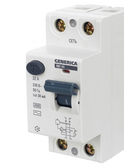 Выключатель дифференциального тока (УЗО) 2п 32А 30мА тип AC ВД1-63 GENERICA MDV15-2-032-030 MDV15-2-032-030