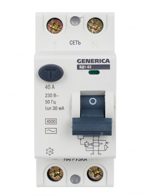 Выключатель дифференциального тока (УЗО) 2п 40А 30мА тип AC ВД1-63 GENERICA MDV15-2-040-030 MDV15-2-040-030