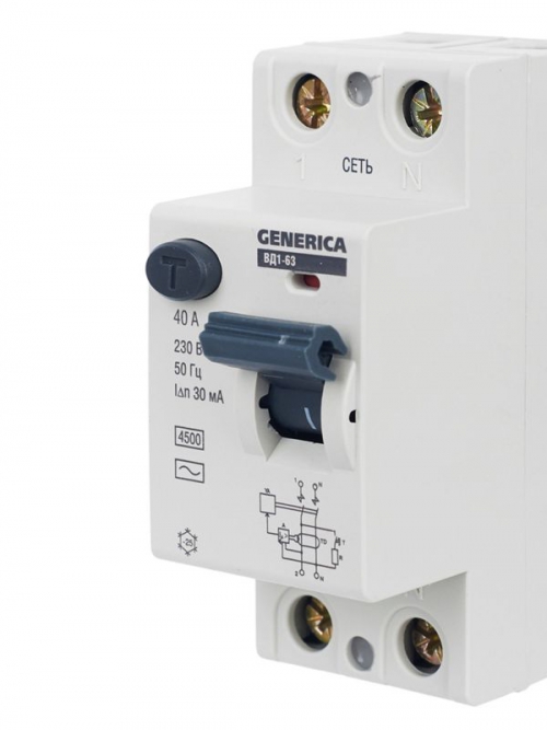 Выключатель дифференциального тока (УЗО) 2п 40А 30мА тип AC ВД1-63 GENERICA MDV15-2-040-030 MDV15-2-040-030