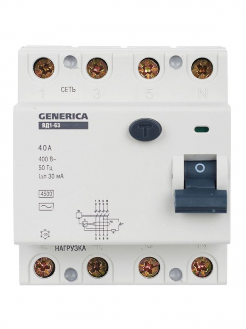 Выключатель дифференциального тока (УЗО) 4п 40А 30мА тип AC ВД1-63 GENERICA MDV15-4-040-030 MDV15-4-040-030