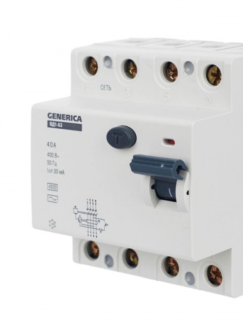 Выключатель дифференциального тока (УЗО) 4п 40А 30мА тип AC ВД1-63 GENERICA MDV15-4-040-030 MDV15-4-040-030