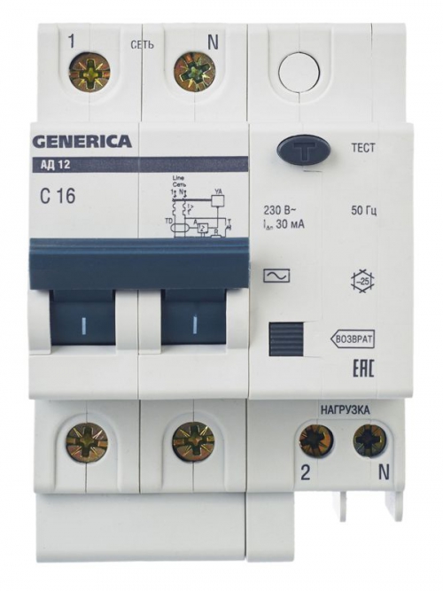 Выключатель автоматический дифференциального тока 2п 16А 30мА АД12 GENERICA MAD15-2-016-C-030 MAD15-2-016-C-030