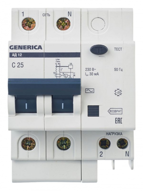 Выключатель автоматический дифференциального тока 2п 25А 30мА АД12 GENERICA MAD15-2-025-C-030 MAD15-2-025-C-030