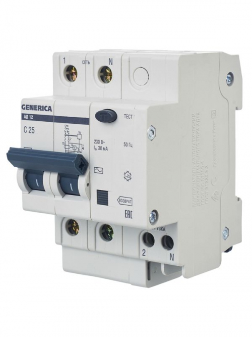 Выключатель автоматический дифференциального тока 2п 25А 30мА АД12 GENERICA MAD15-2-025-C-030 MAD15-2-025-C-030