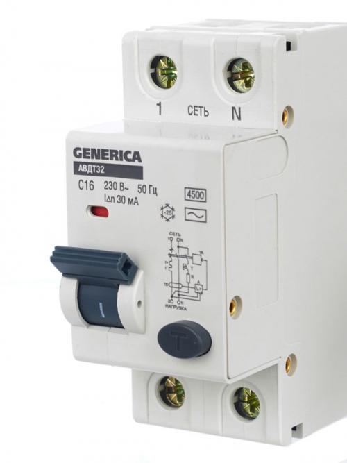 Выключатель автоматический дифференциального тока 2п C 16А 30мА тип AC 4.5кА АВДТ 32 C16 GENERICA MAD25-5-016-C-30 MAD25-5-016-C-30