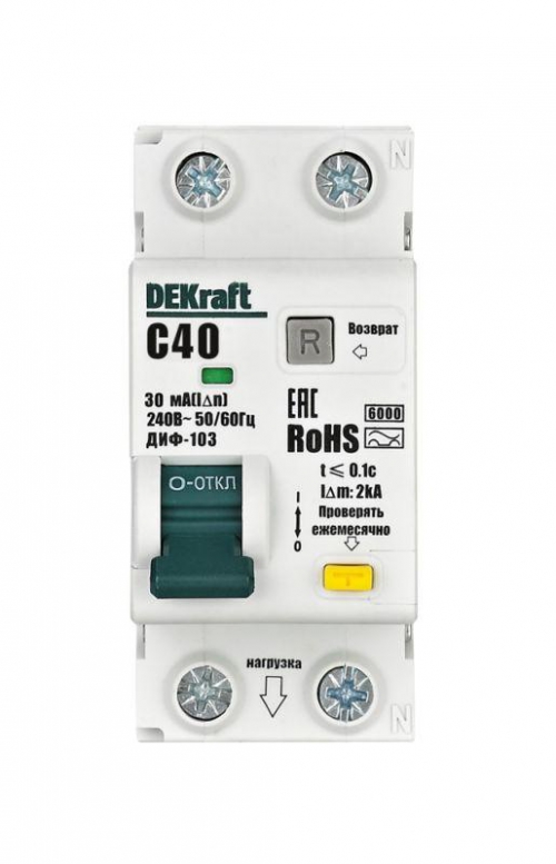 Выключатель автоматический дифференциального тока (АВДТ) 1P+N 40А 30мА A х-ка C ДИФ-103 6кА DEKraft 16351DEK 16351DEK