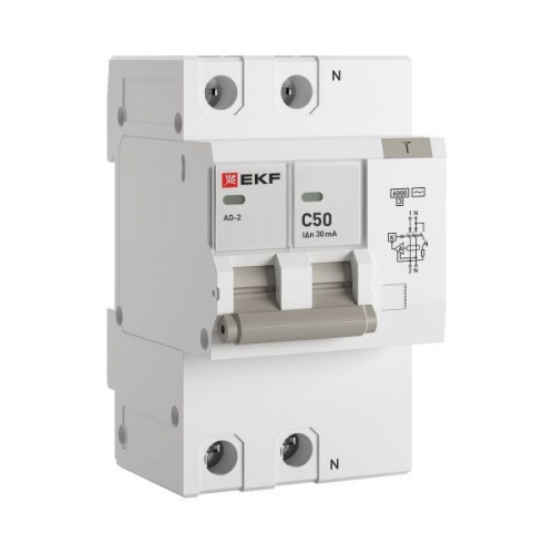 Выключатель автоматический дифференциального тока C 50А 30мА тип AC 6кА АД-2 (электрон.) защита 270В PROxima EKF DA2-6-50-30-pro DA2-6-50-30-pro