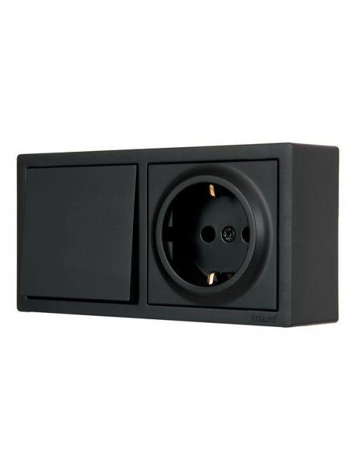 Блок ОП LETO (1-кл. выключатель + 1-м розетка с заземл.) горизонт. черн. бархат LEZARD 752-4200-170BAP 752-4200-170BAP