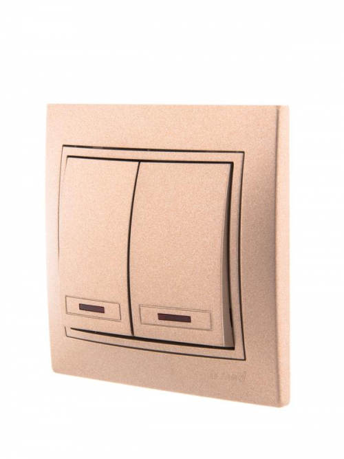 Выключатель 2-кл. СП Mira 10А IP20 с подсветкой со вставкой свет. корич. перламутр. LEZARD 701-3131-112 701-3131-112